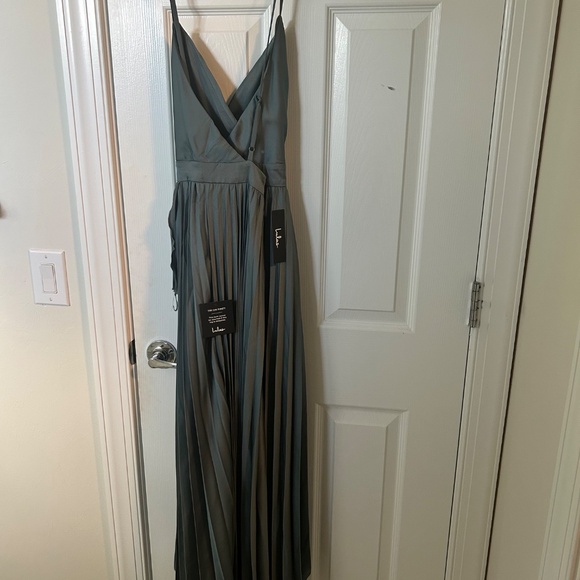 Lulus Ultimate Charm Dark Sage Grey Satin Pleated High-low Maxi Dress - Size L - Picture 8 of 8